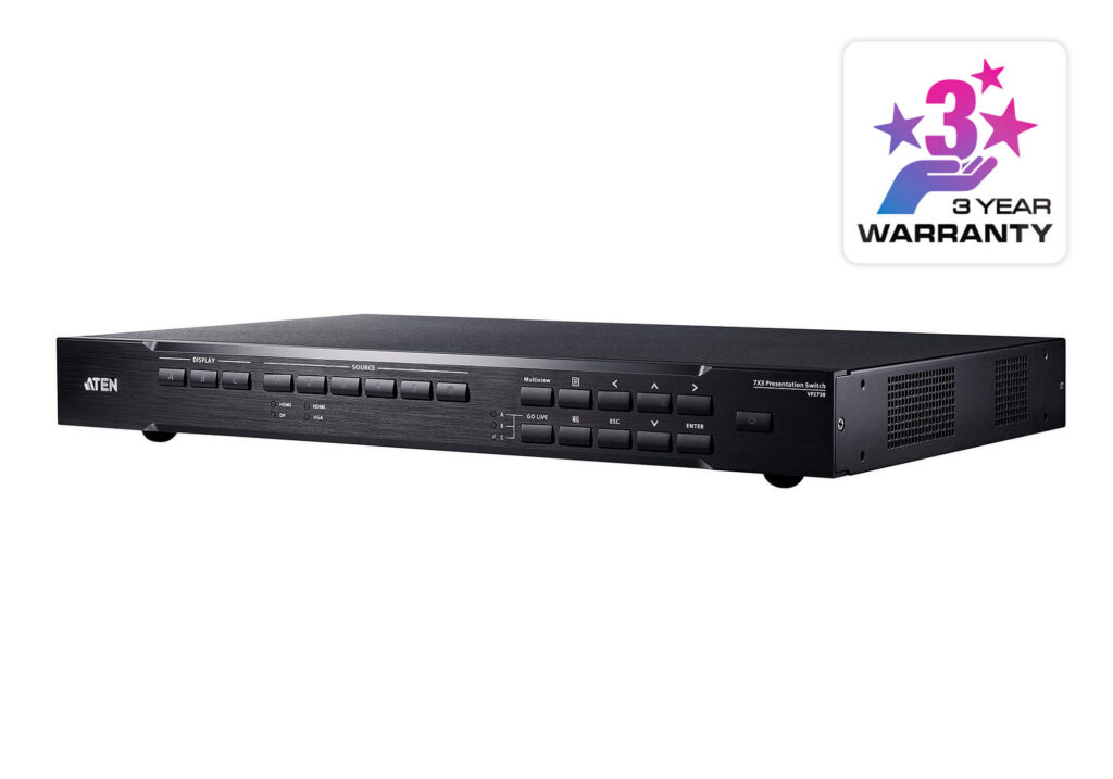 ATEN VP2730 - Matrycowy przełącznik prezentacyjny 7 x 3 typu Seamless ze skalerem, mikserem dźwięku, HDBaseT i streamingiem